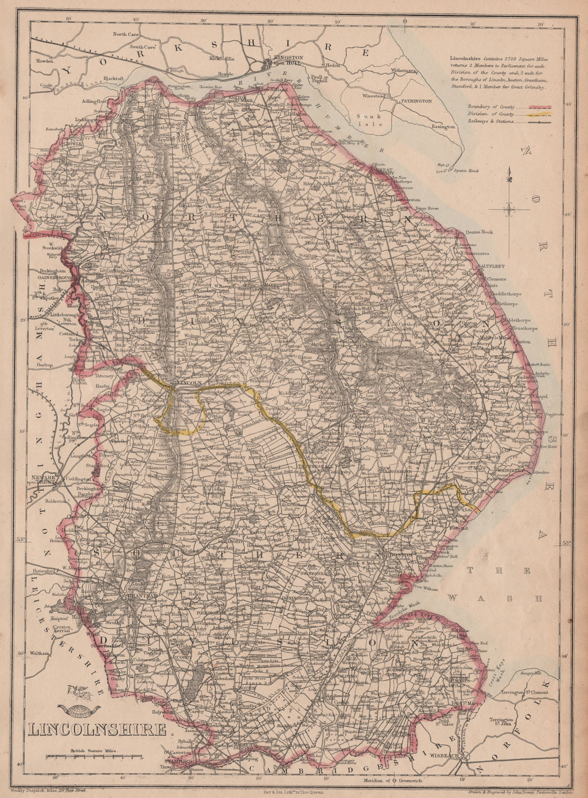 LINCOLNSHIRE. Antique county map. Fens. Railways. DOWER 1863 old